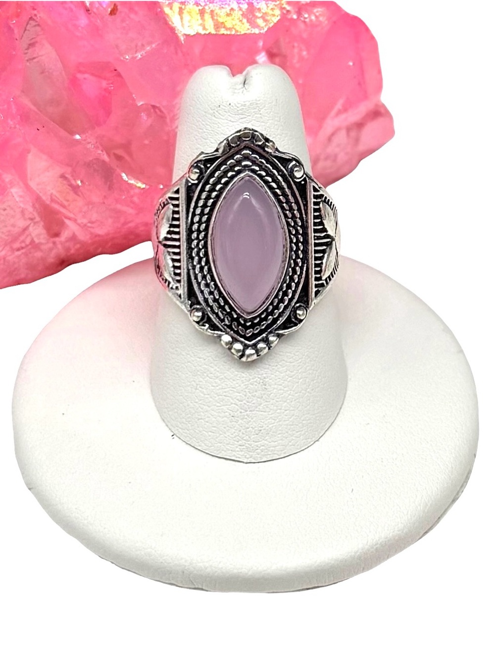 Rose Chalcedony Ring Size 7.5 925 Sterling Silver Overlay